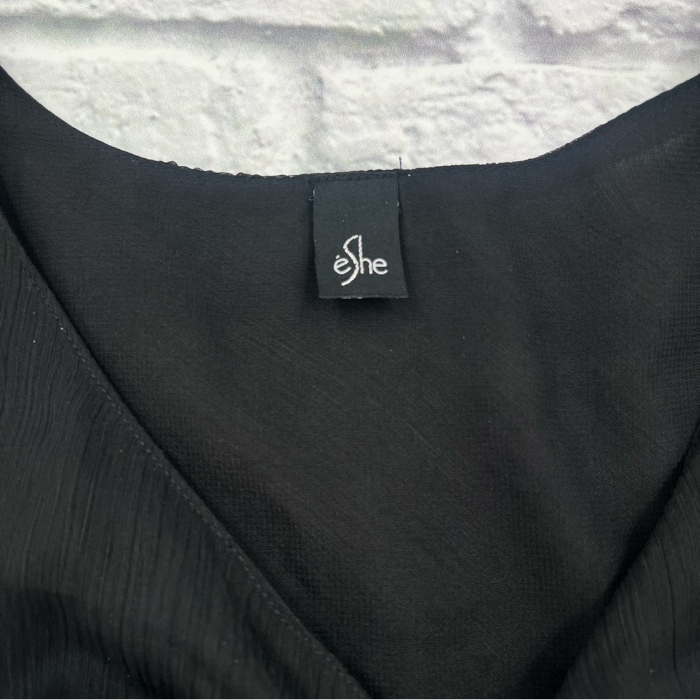 eShe Elegant Black Women's Blouse XL Chiffon Crop Bell Elbow Sleeve - Picture 2 of 8